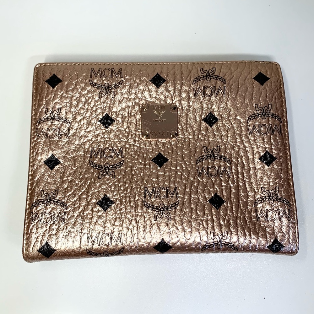 MCM Champagne Gold Visetos Canvas Small Zip Top Pouch Clutch Purse $325